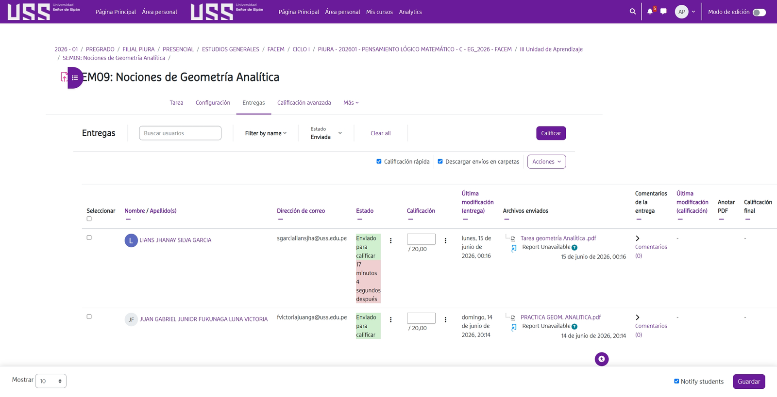 Lista de entregas y evidencias enviadas